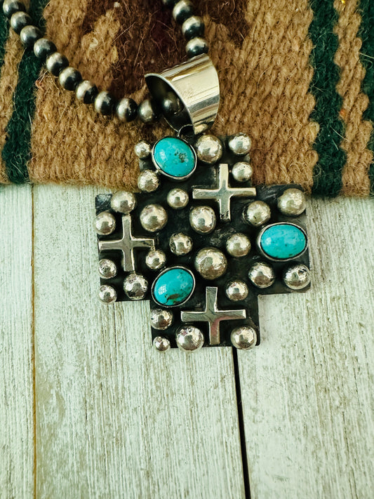 Navajo Sterling Silver & Turquoise Cross Pendant by Chimney Butte