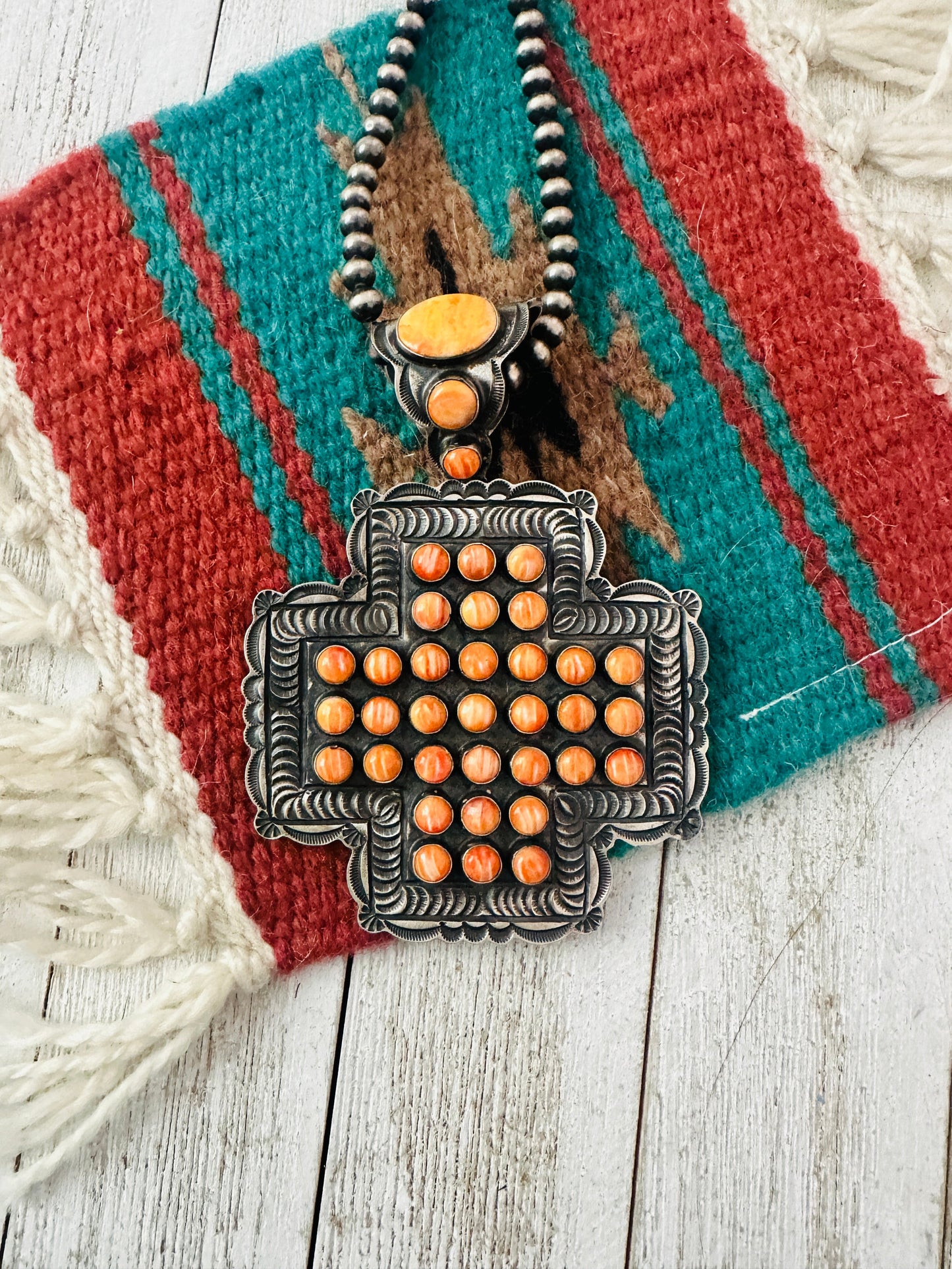 Navajo Sterling Silver & Orange Spiny Cross Pendant by Shawn Cayatineto