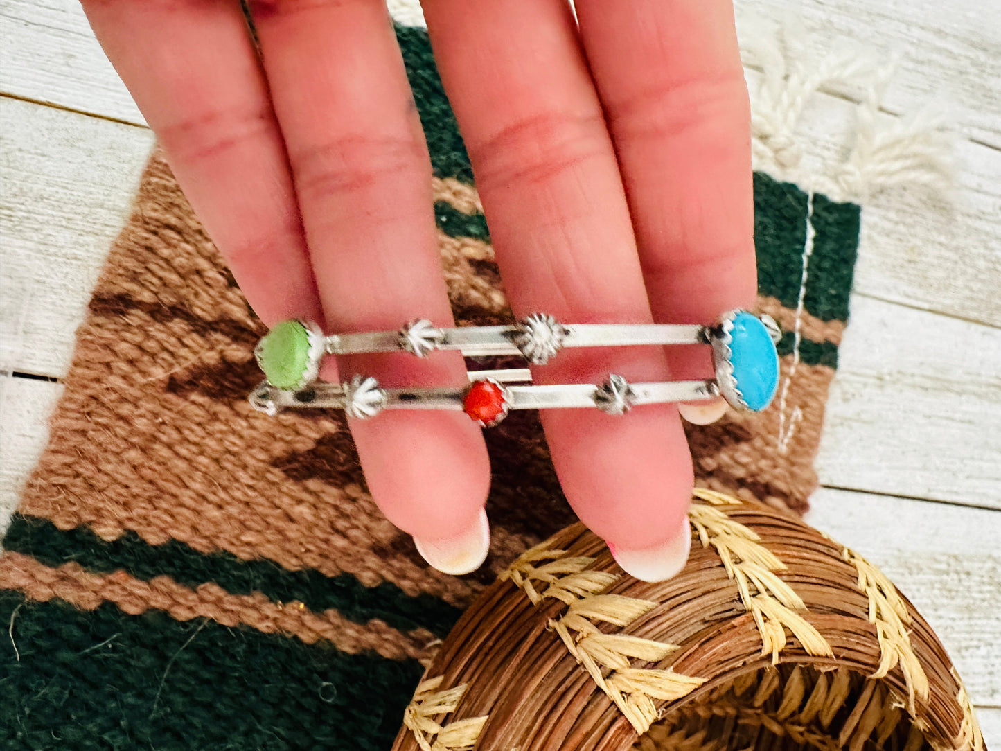 Navajo Multi Stone & Sterling Silver Bangle Bracelet