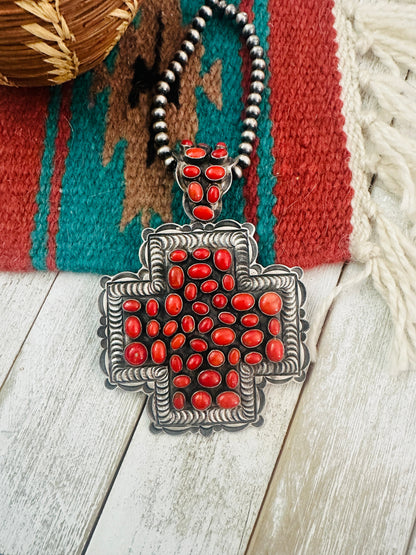 Navajo Sterling Silver & Coral Cross Pendant by Shawn Cayatineto