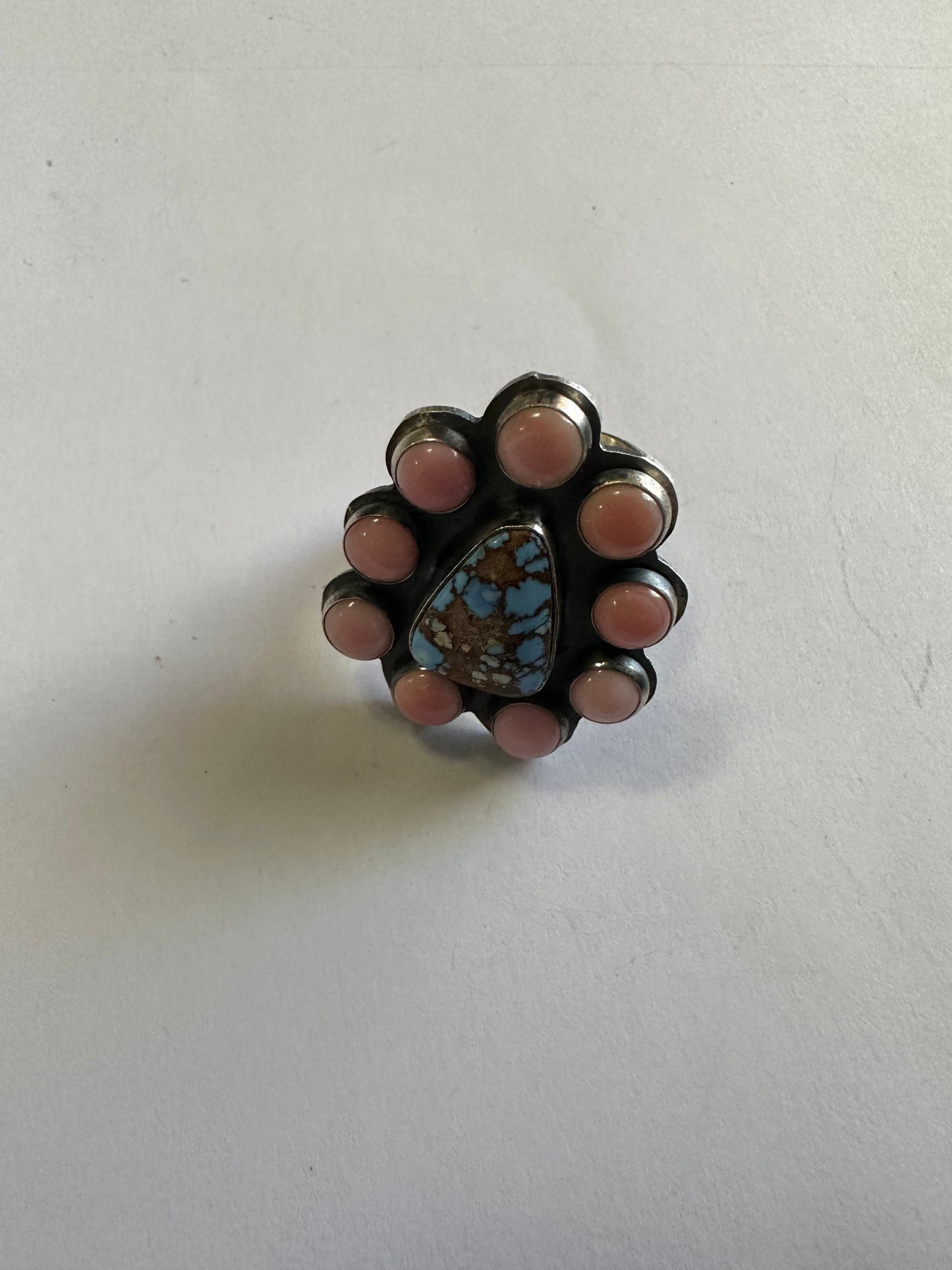 Navajo Golden Hills Turquoise, Pink Conch, and Sterling Silver Adjustable Ring