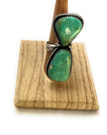 Navajo Kingman Turquoise & Sterling Silver Two Stone Adjustable Ring