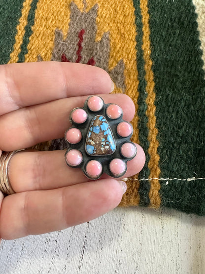 Navajo Golden Hills Turquoise, Pink Conch, and Sterling Silver Adjustable Ring