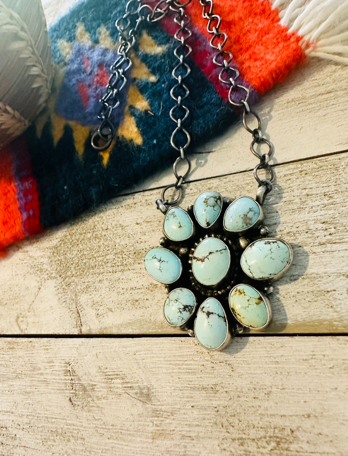 Navajo Sterling Silver & Golden Hills Turquoise Cluster Necklace