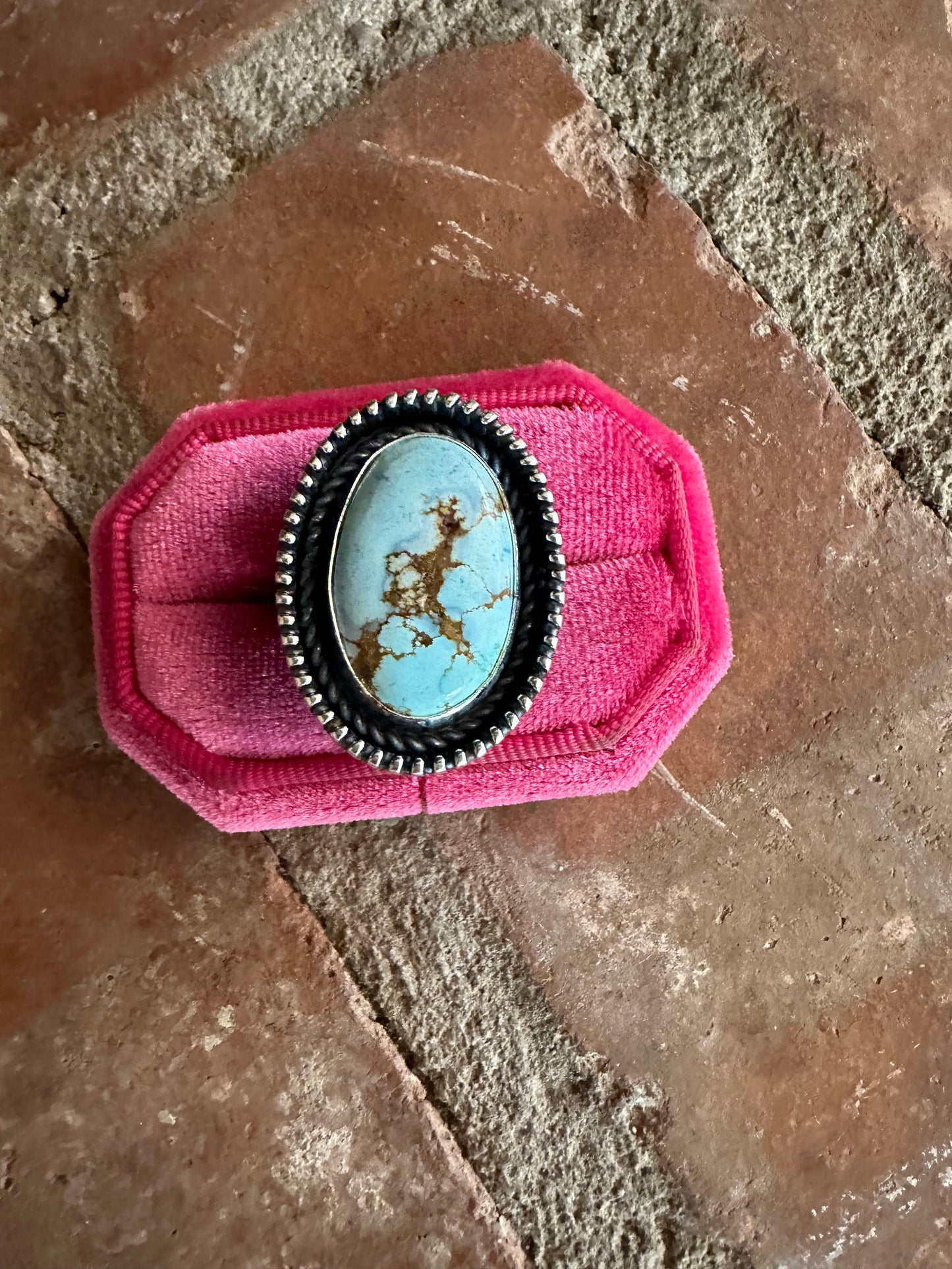 Beautiful Navajo Sterling Silver & Single Stone Golden Hills Turquoise Adjustable Ring Signed