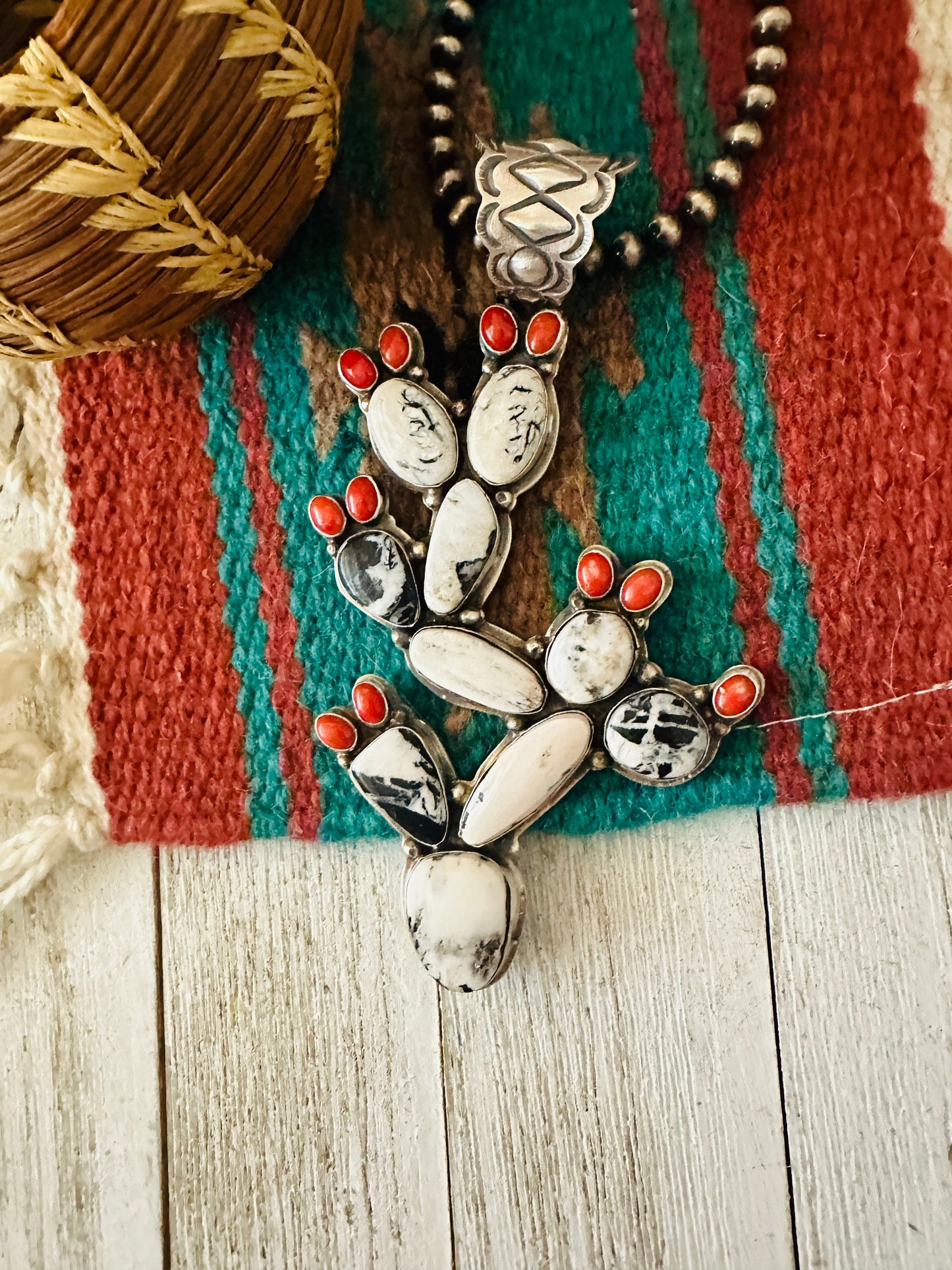 Navajo White Buffalo, Coral and Sterling Silver Cactus Pendant