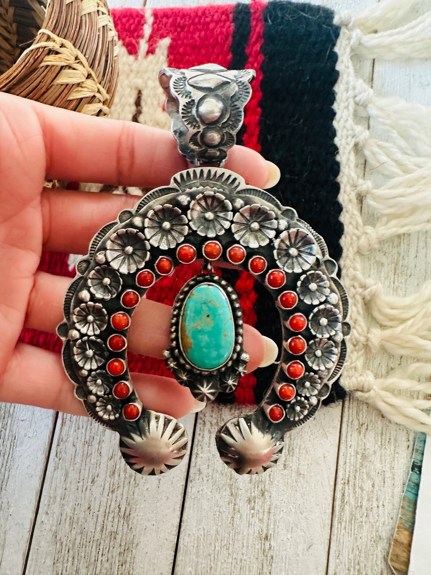 Navajo Sterling Silver, Coral & Turquoise Naja Pendant by Shawn Cayatineto