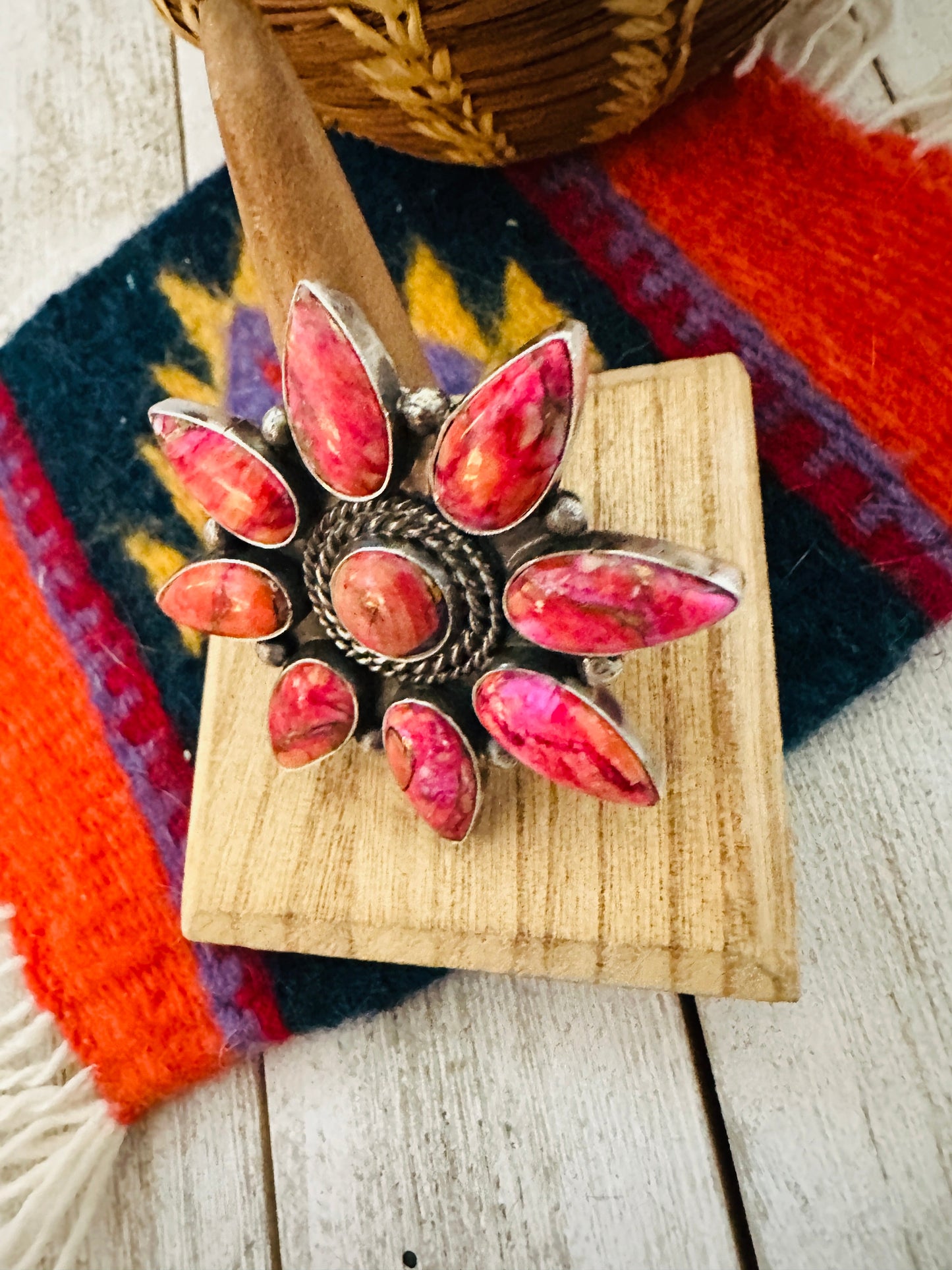 Navajo Pink Mojave  & Sterling Silver Cluster Adjustable Ring