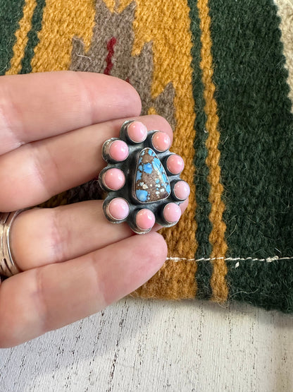 Navajo Golden Hills Turquoise, Pink Conch, and Sterling Silver Adjustable Ring