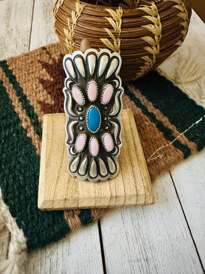 Navajo Sterling Silver, Turquoise & Queen Pink Conch Shell Adjustable Ring