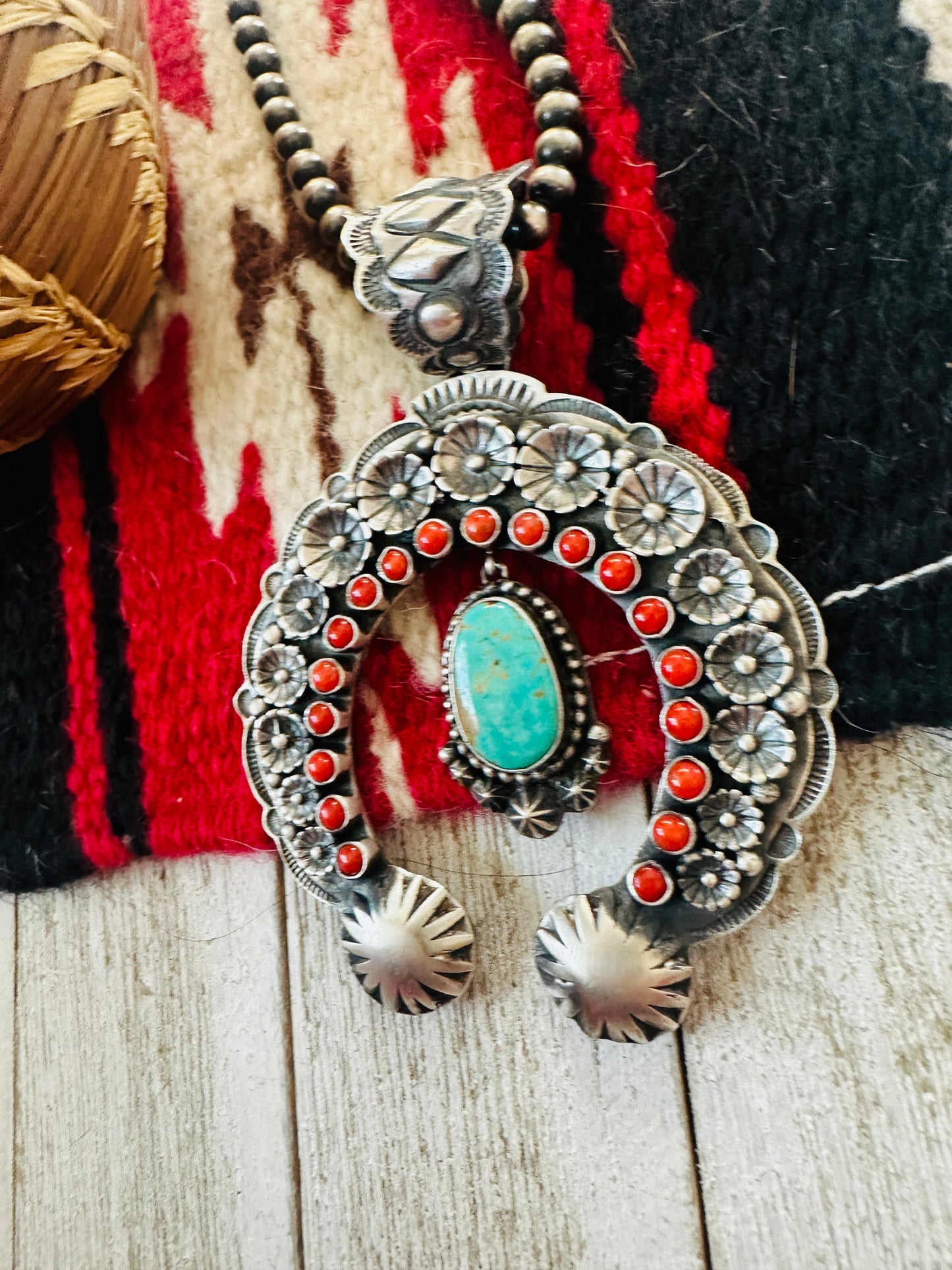 Navajo Sterling Silver, Coral & Turquoise Naja Pendant by Shawn Cayatineto