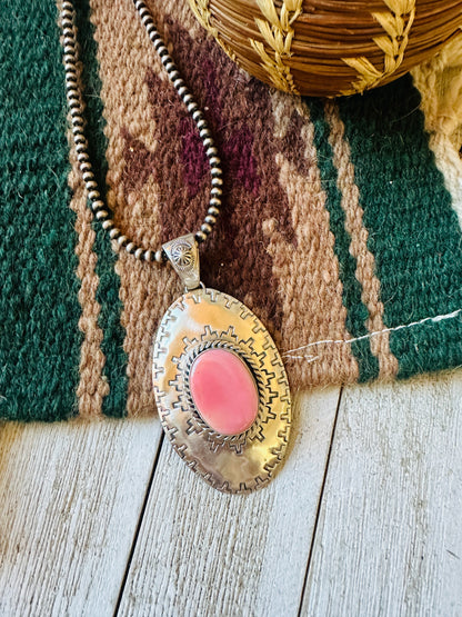 Navajo Queen Pink Conch Shell & Sterling Silver Concho Pendant