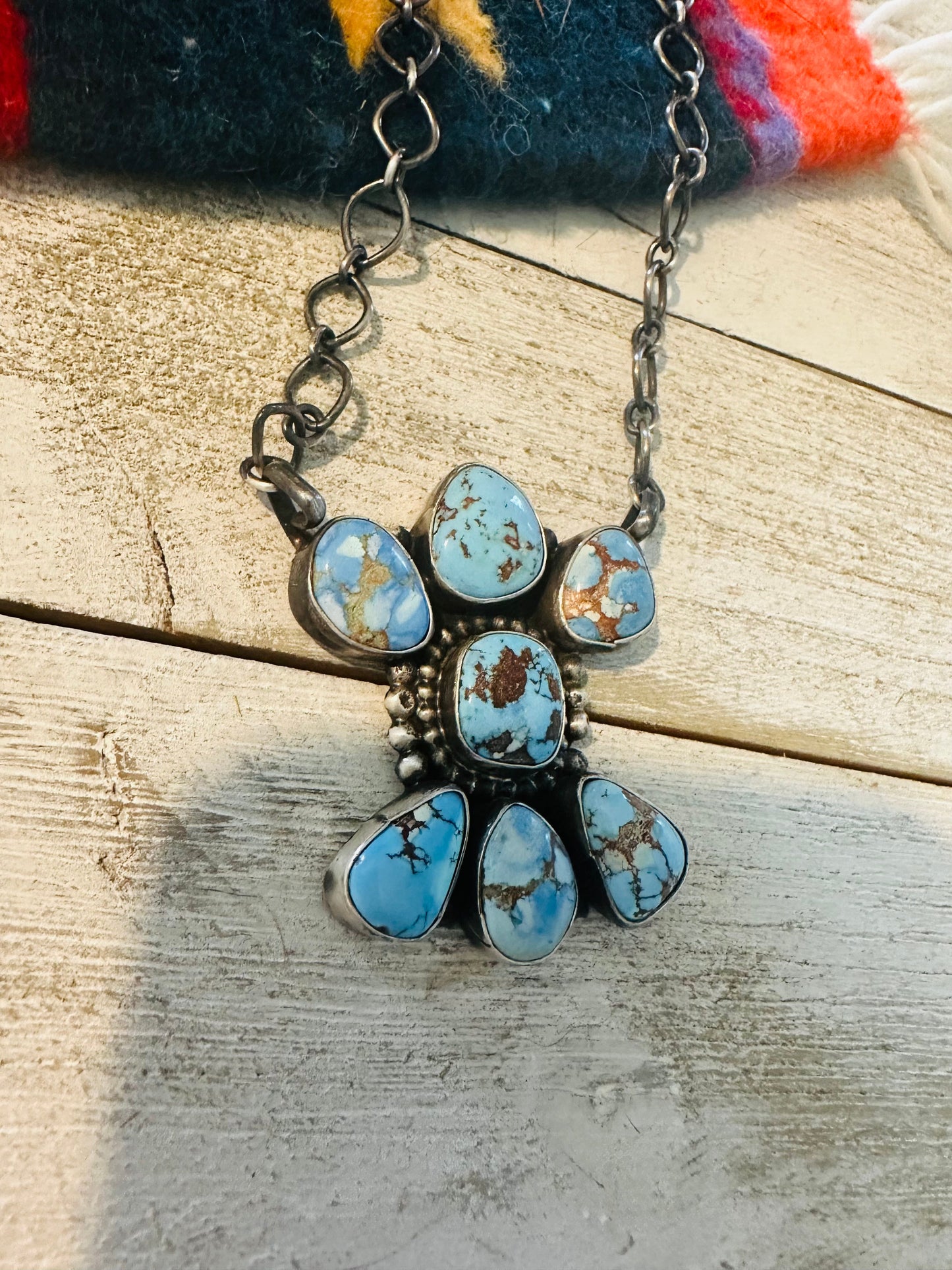 Navajo Sterling Silver & Golden Hills Turquoise Cluster Necklace