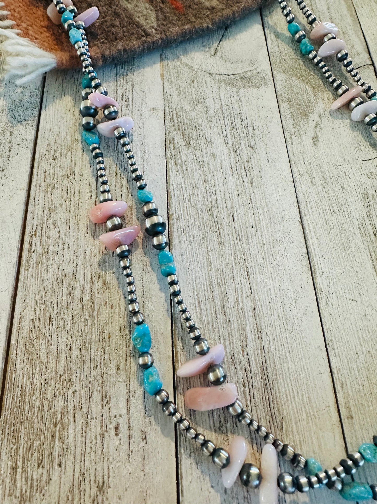 Navajo Sterling Silver Pearl, Turquoise & Queen Pink Conch Beaded Necklace 72”