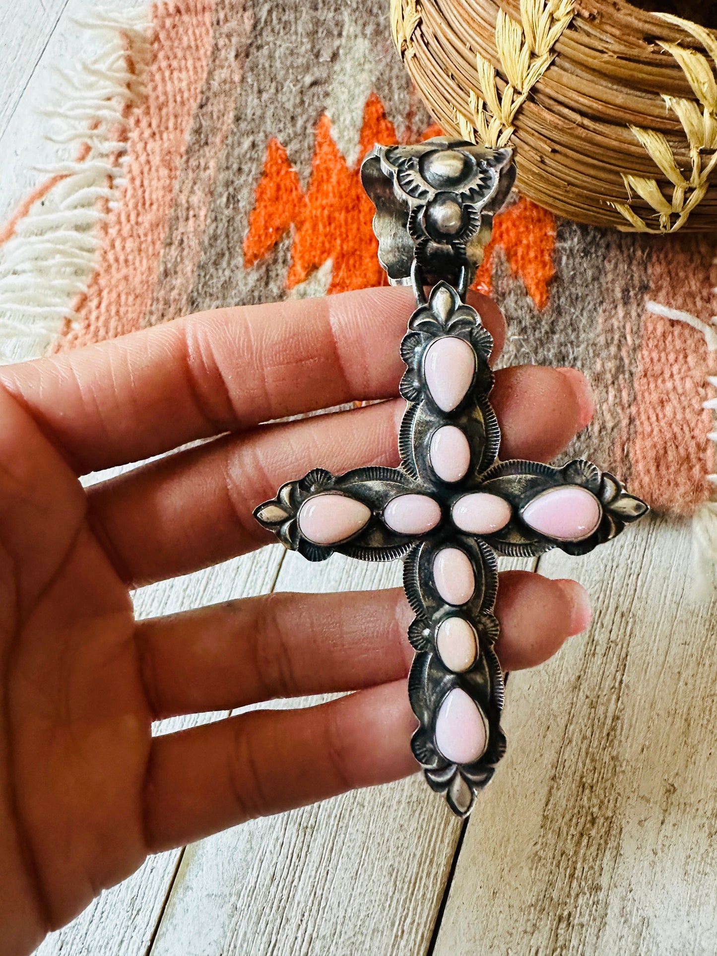 Navajo Queen Pink Conch Shell & Sterling Silver Cross Pendant