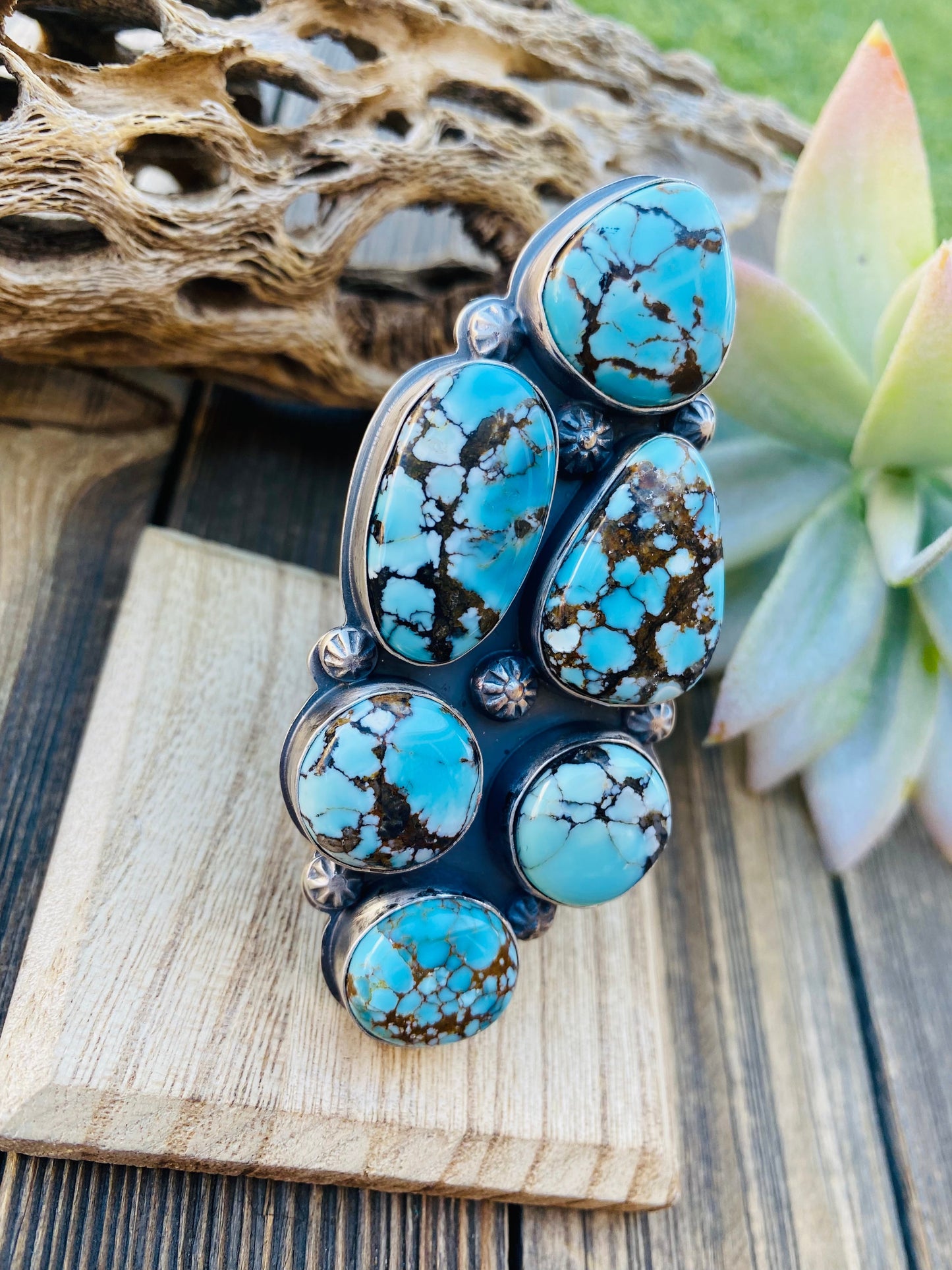 Navajo Kingman Web Turquoise & Sterling Silver Adjustable Ring