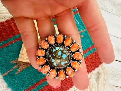 Navajo Sterling Silver, Orange Spiny & Turquoise Cluster Adjustable Ring