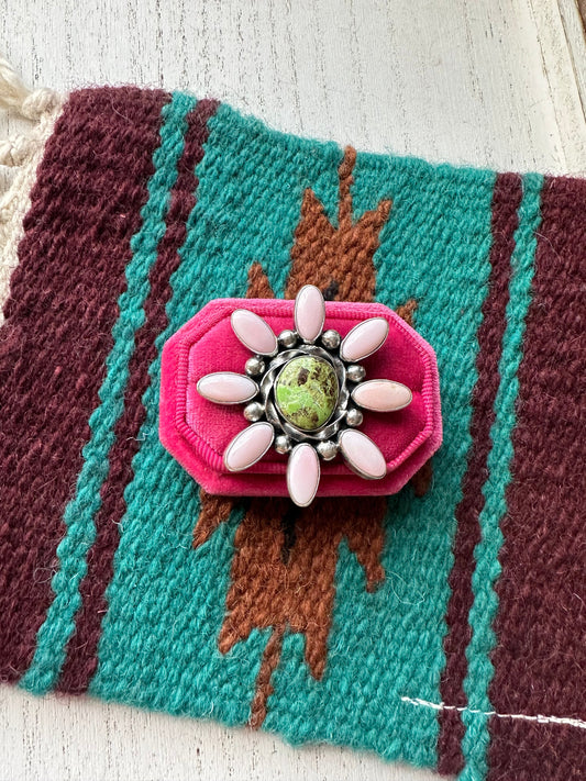 “Pink Blossom” Gorgeous Navajo Turquoise, Pink Conch And Sterling Silver Adjustable Flower Ring Signed