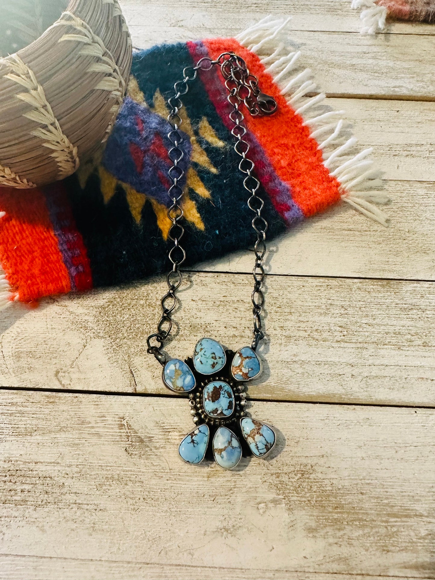 Navajo Sterling Silver & Golden Hills Turquoise Cluster Necklace