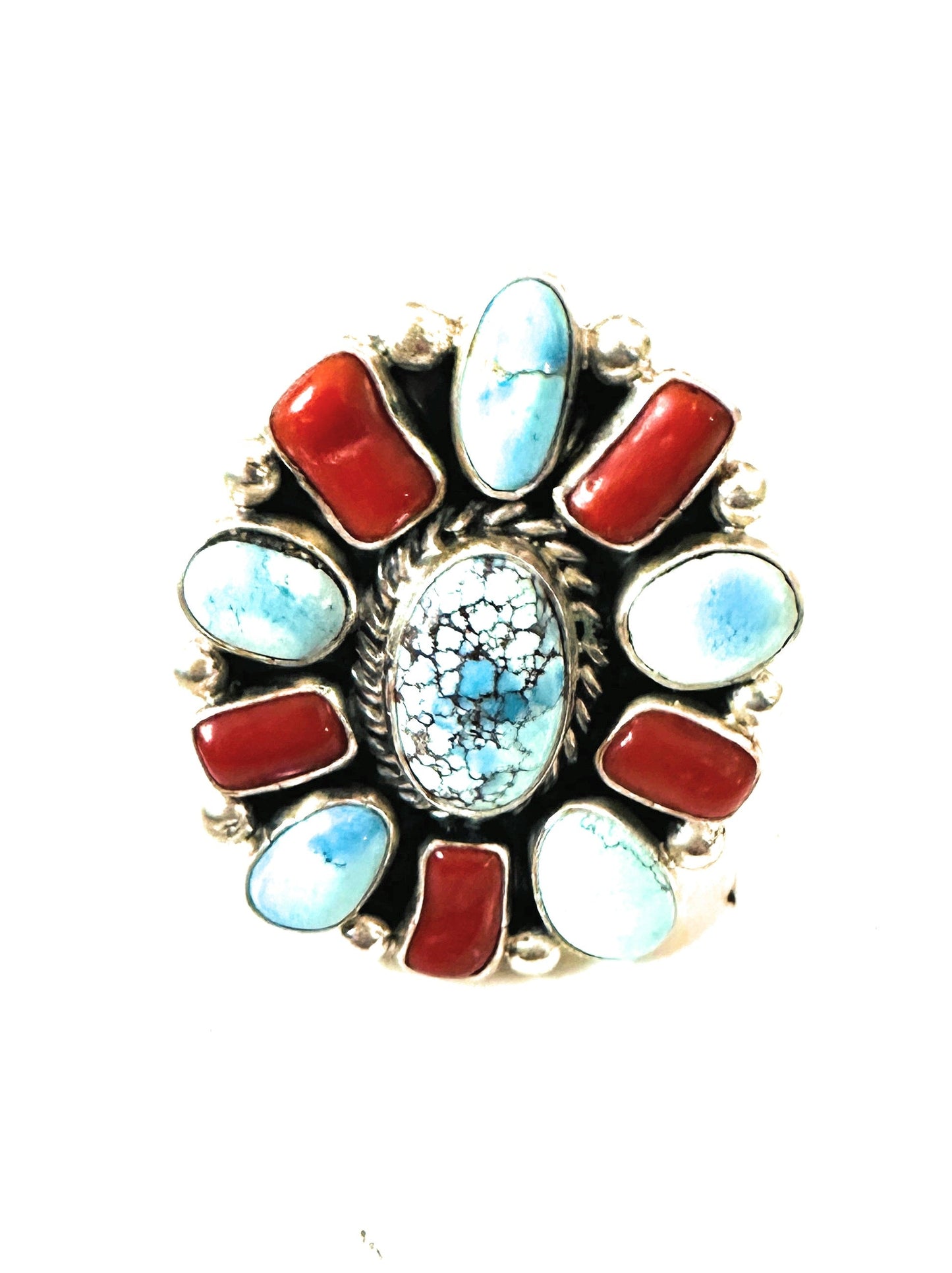 Navajo Golden Hills Turquoise, Coral & Sterling Silver Cluster Adjustable Ring