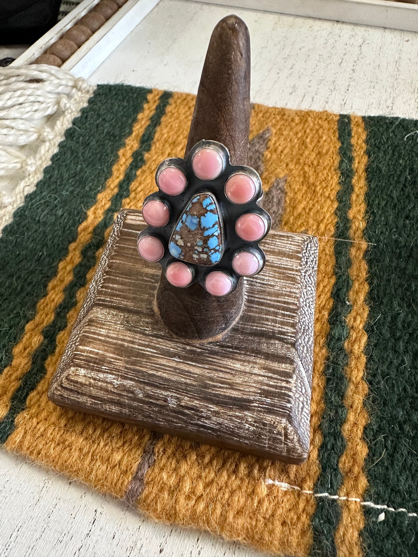 Navajo Golden Hills Turquoise, Pink Conch, and Sterling Silver Adjustable Ring