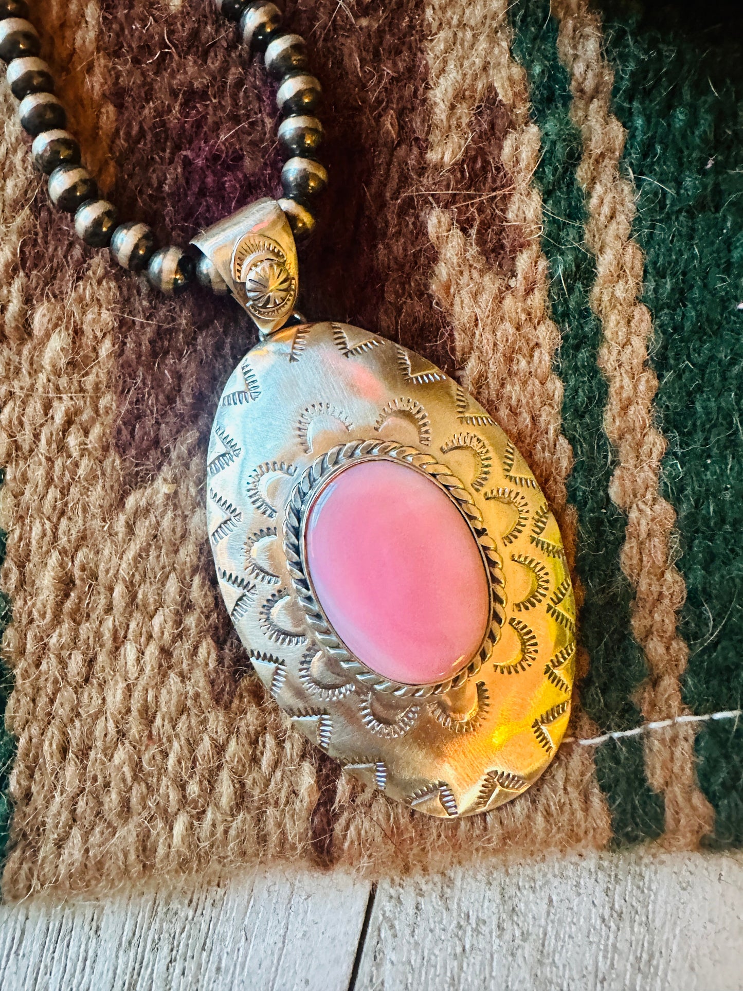 Navajo Queen Pink Conch Shell & Sterling Silver Concho Pendant