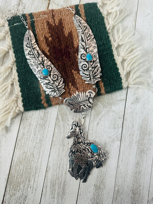 Navajo Sterling Silver & Turquoise Horse Necklace by Richard Singer