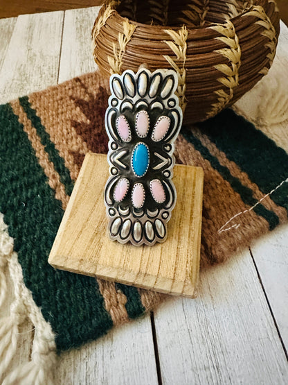 Navajo Sterling Silver, Turquoise & Queen Pink Conch Shell Adjustable Ring