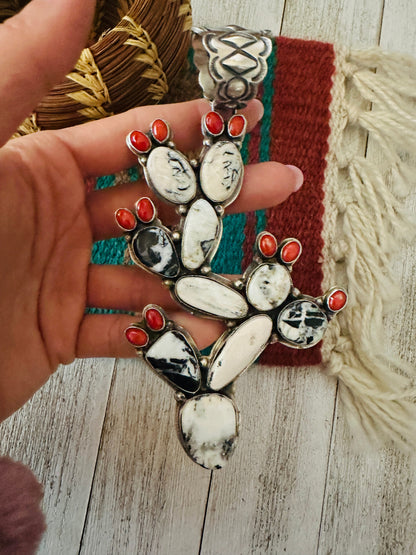 Navajo White Buffalo, Coral and Sterling Silver Cactus Pendant