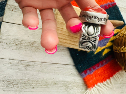 Navajo Coral & Sterling Silver Adjustable Ring by Russell Sam