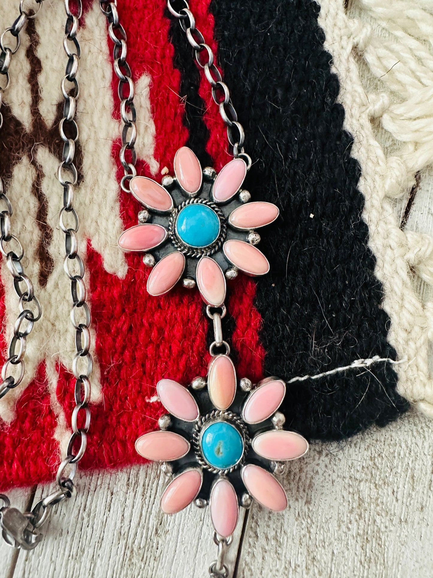 Navajo Sterling Silver, Queen Pink Conch & Turquoise Lariat Necklace