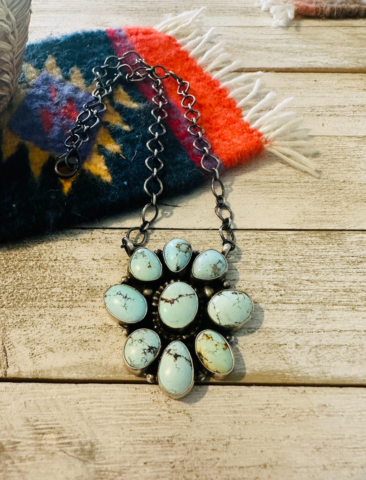 Navajo Sterling Silver & Golden Hills Turquoise Cluster Necklace