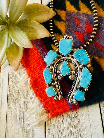 Navajo Kingman Turquoise & Sterling Silver Cluster Naja Pendant