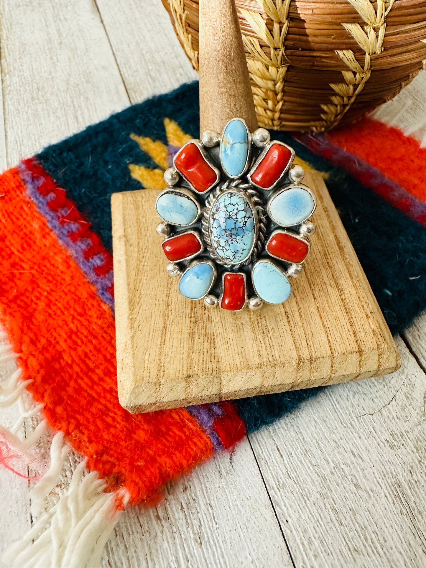 Navajo Golden Hills Turquoise, Coral & Sterling Silver Cluster Adjustable Ring