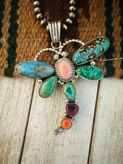 Navajo Multi Stone & Sterling Silver Dragonfly Pendant