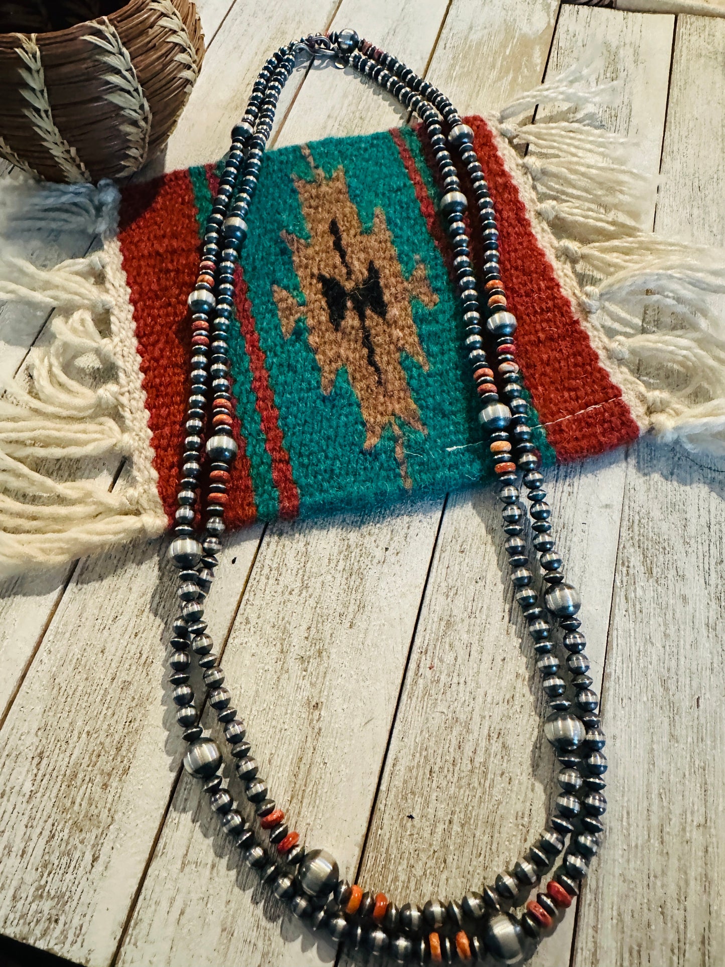 Navajo Orange Spiny & Sterling Silver Beaded Necklace 60”