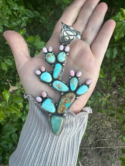 Navajo Sterling Silver, Pink Conch & Turquoise Cactus Pendant Signed