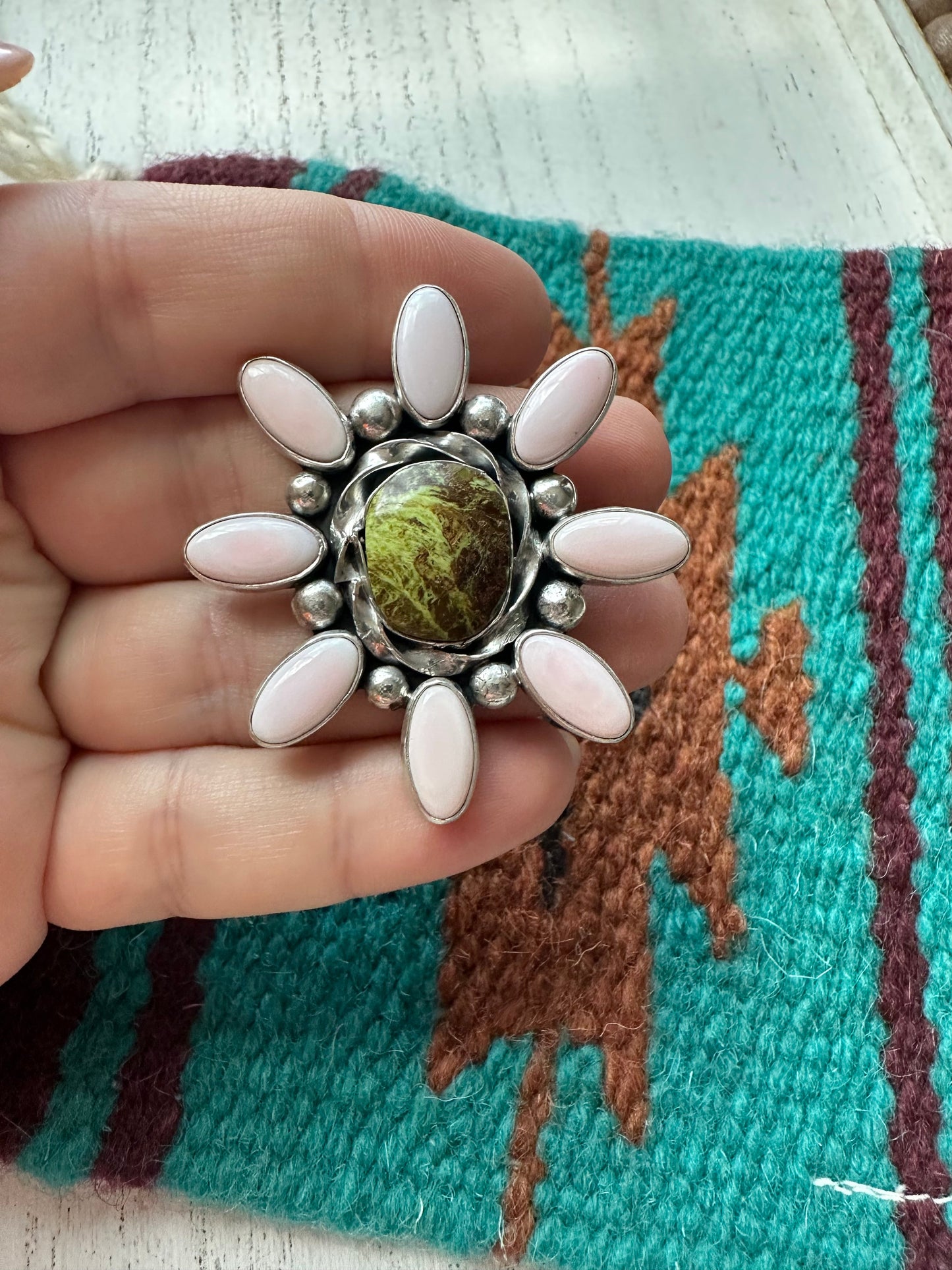 “Pink Blossom” Gorgeous Navajo Turquoise, Pink Conch And Sterling Silver Adjustable Flower Ring Signed