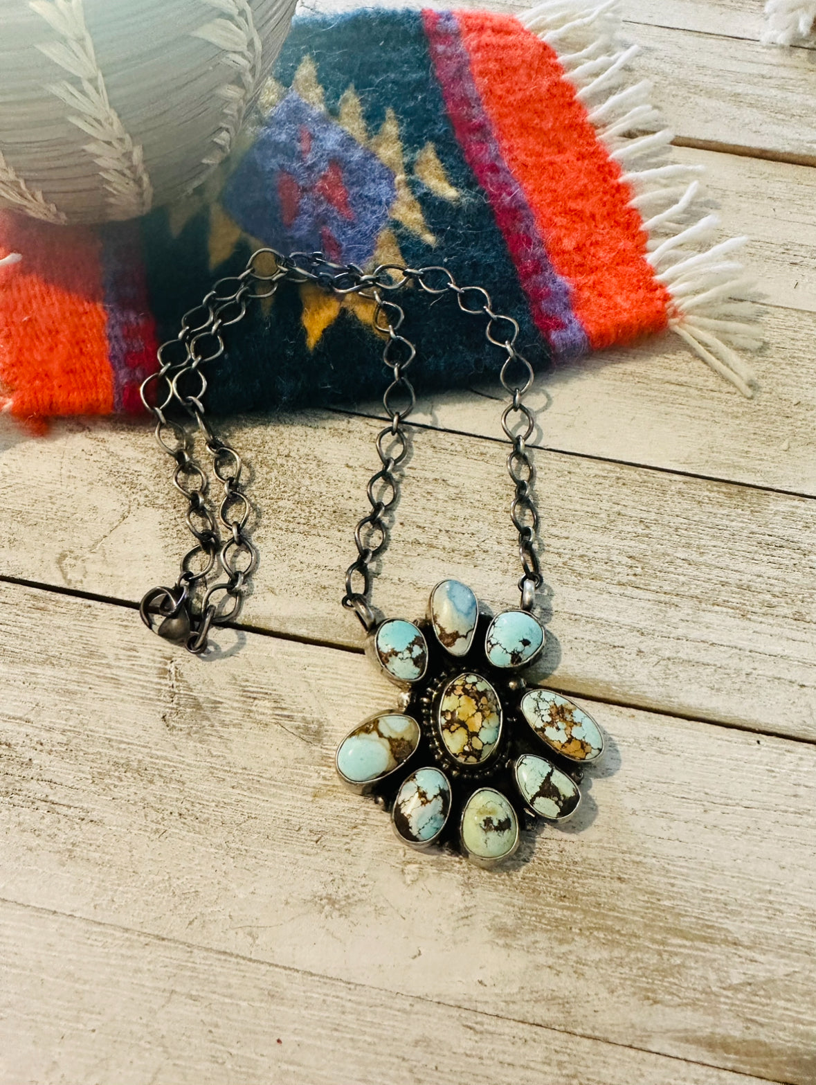 Navajo Sterling Silver & Golden Hills Turquoise Cluster Necklace