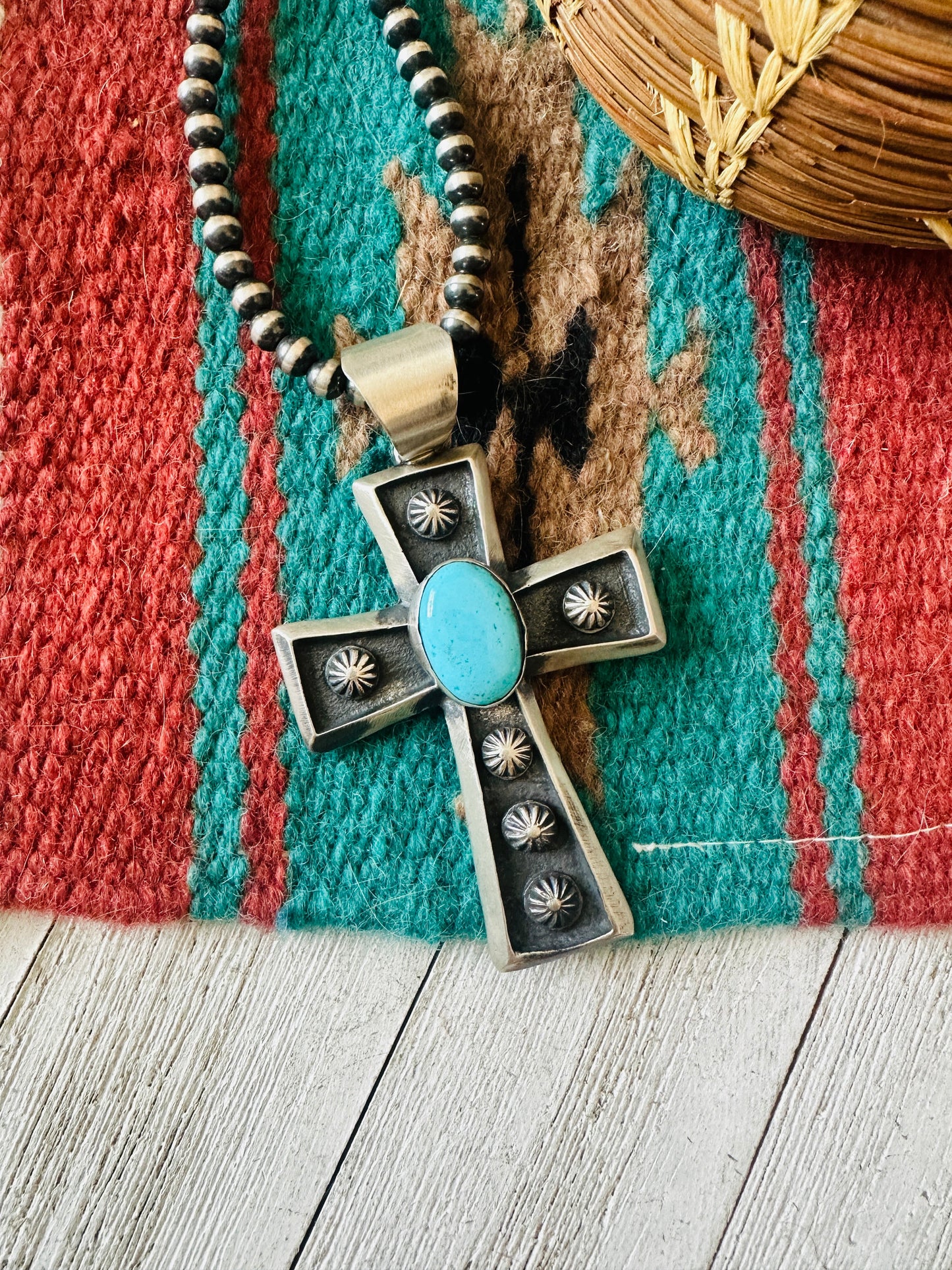 Navajo Sterling Silver & Turquoise Cross Pendant by Chimney Butte