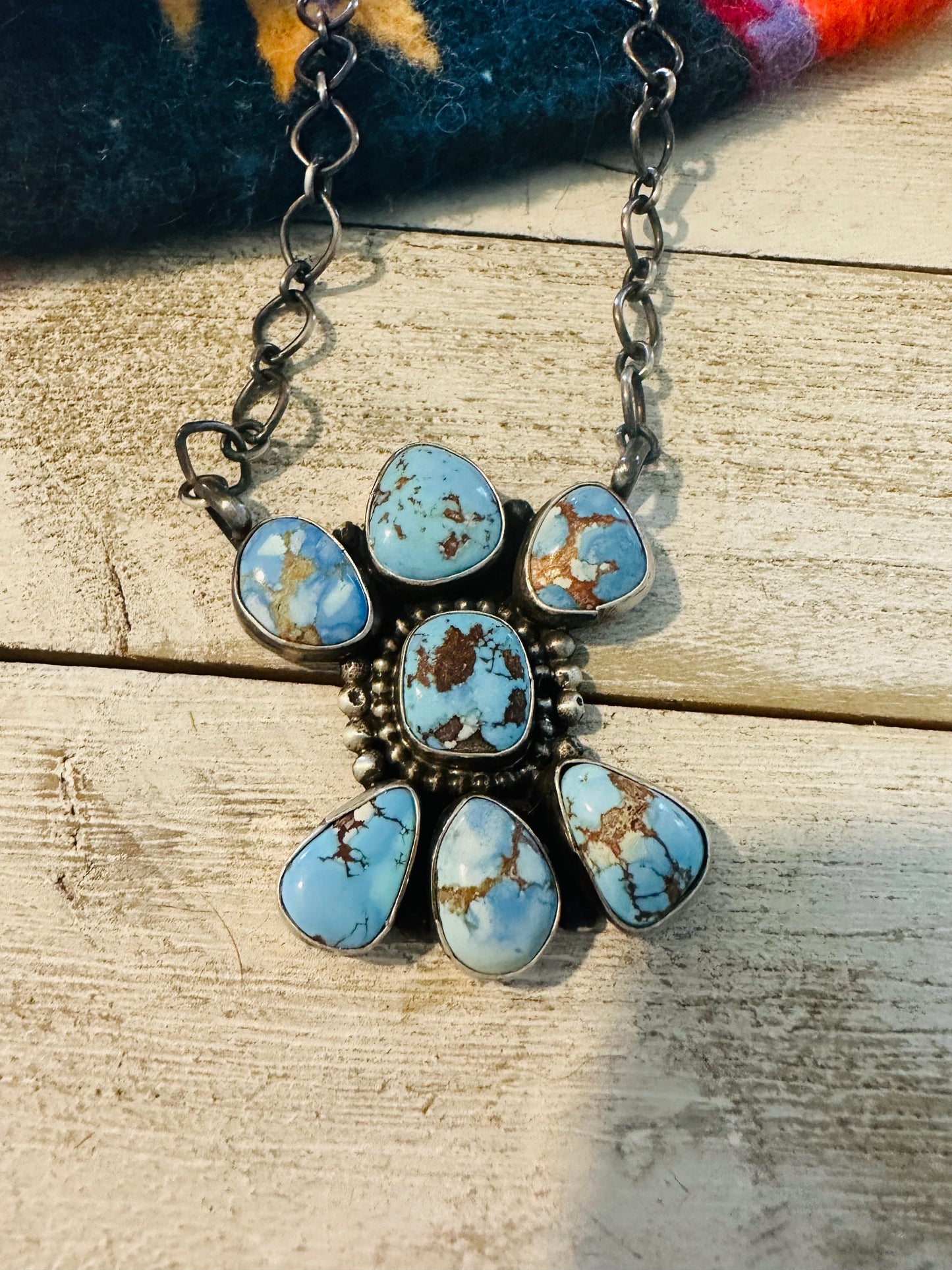 Navajo Sterling Silver & Golden Hills Turquoise Cluster Necklace