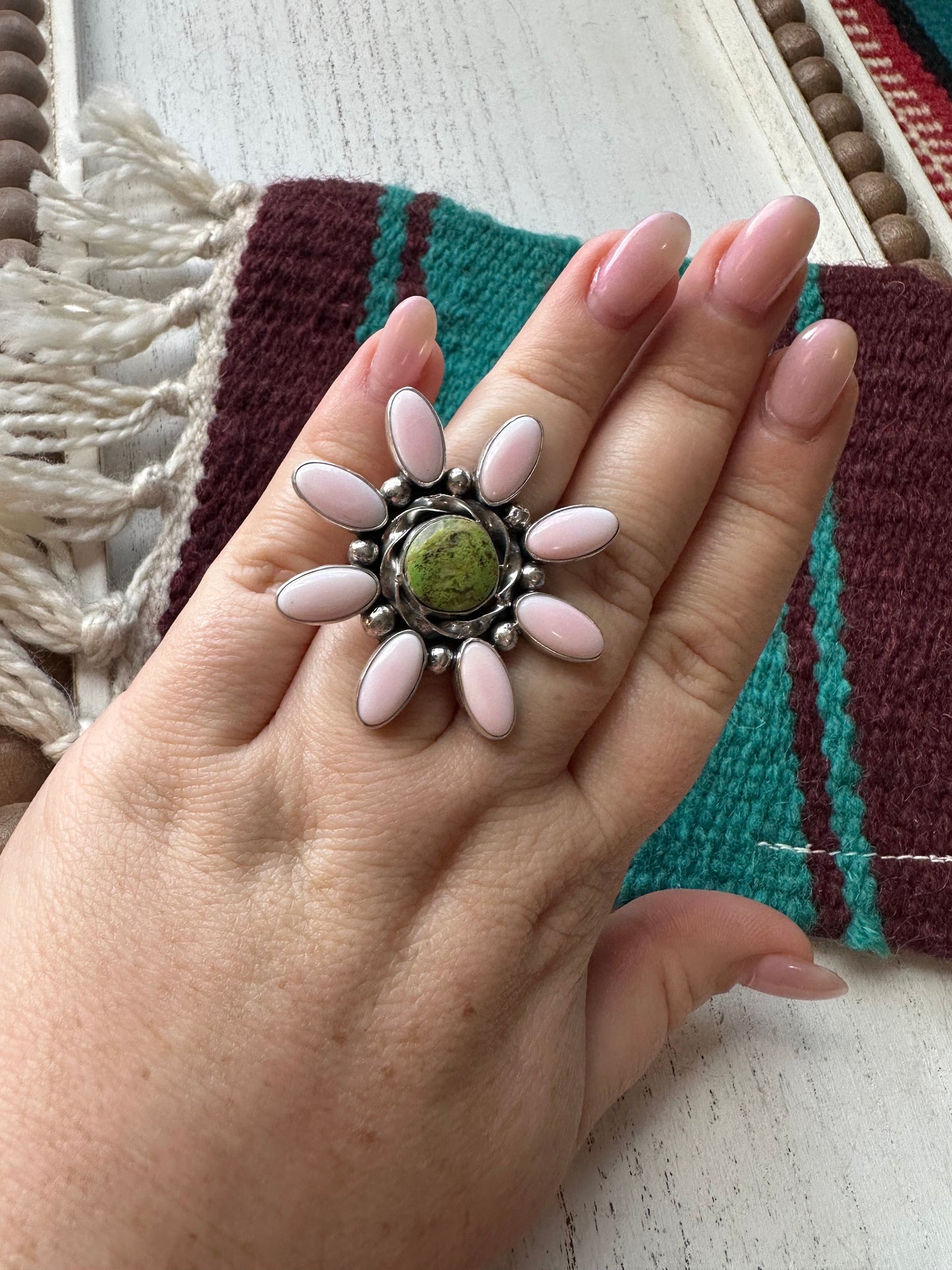 “Pink Blossom” Gorgeous Navajo Turquoise, Pink Conch And Sterling Silver Adjustable Flower Ring Signed