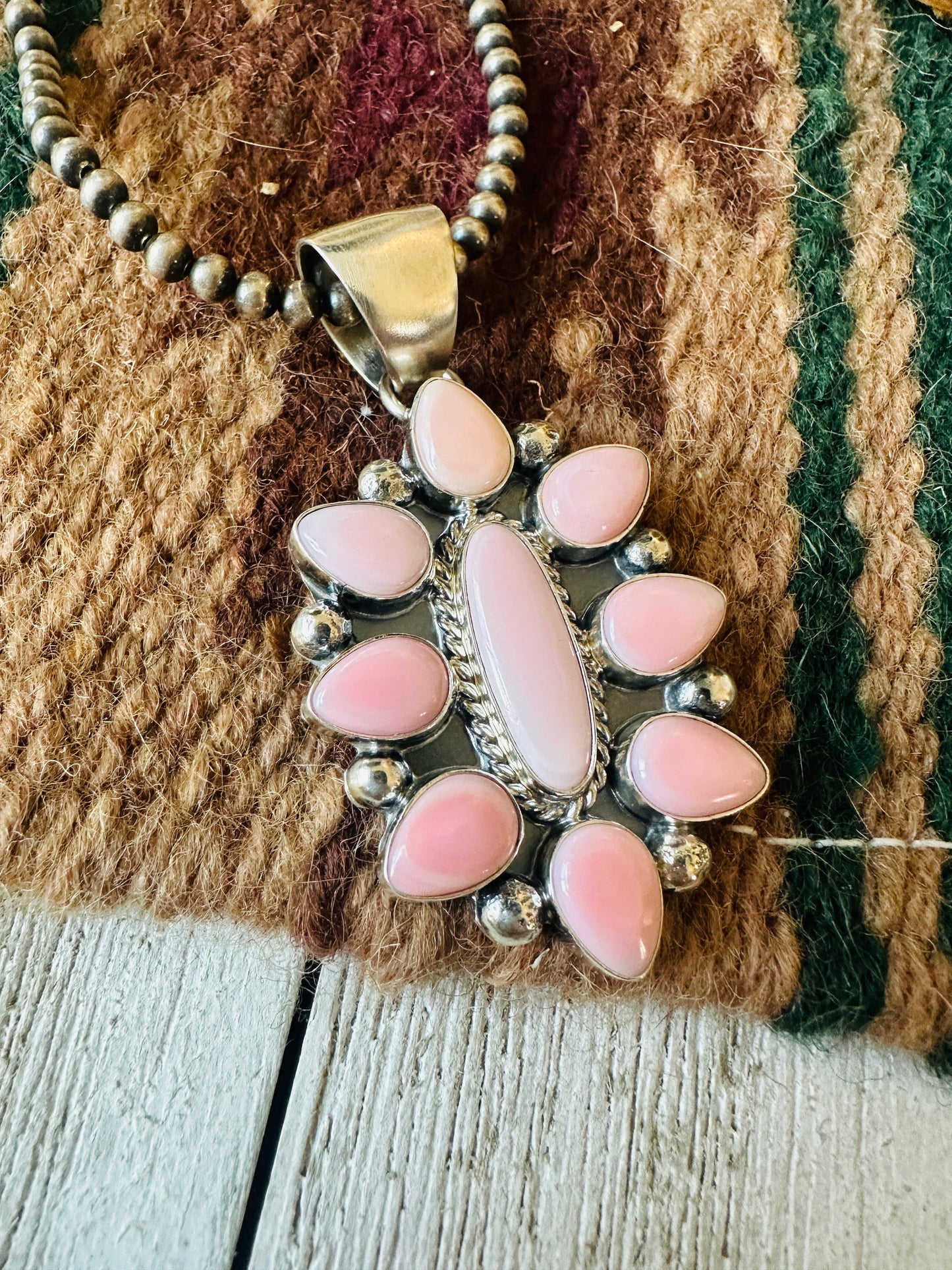 Navajo Queen Pink Conch Shell & Sterling Silver Cluster Pendant