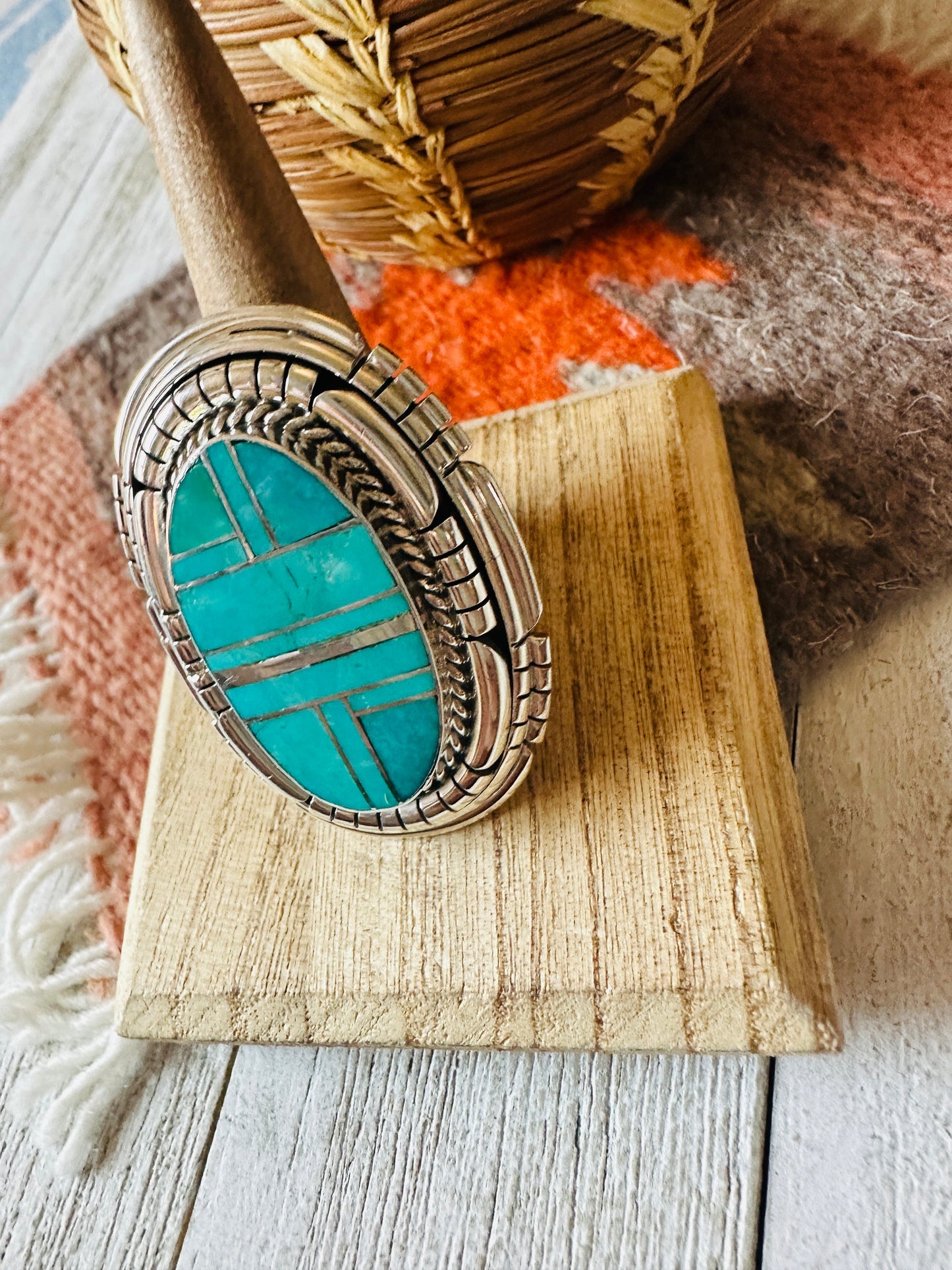 Navajo Sterling Silver & Turquoise Inlay Adjustable Ring