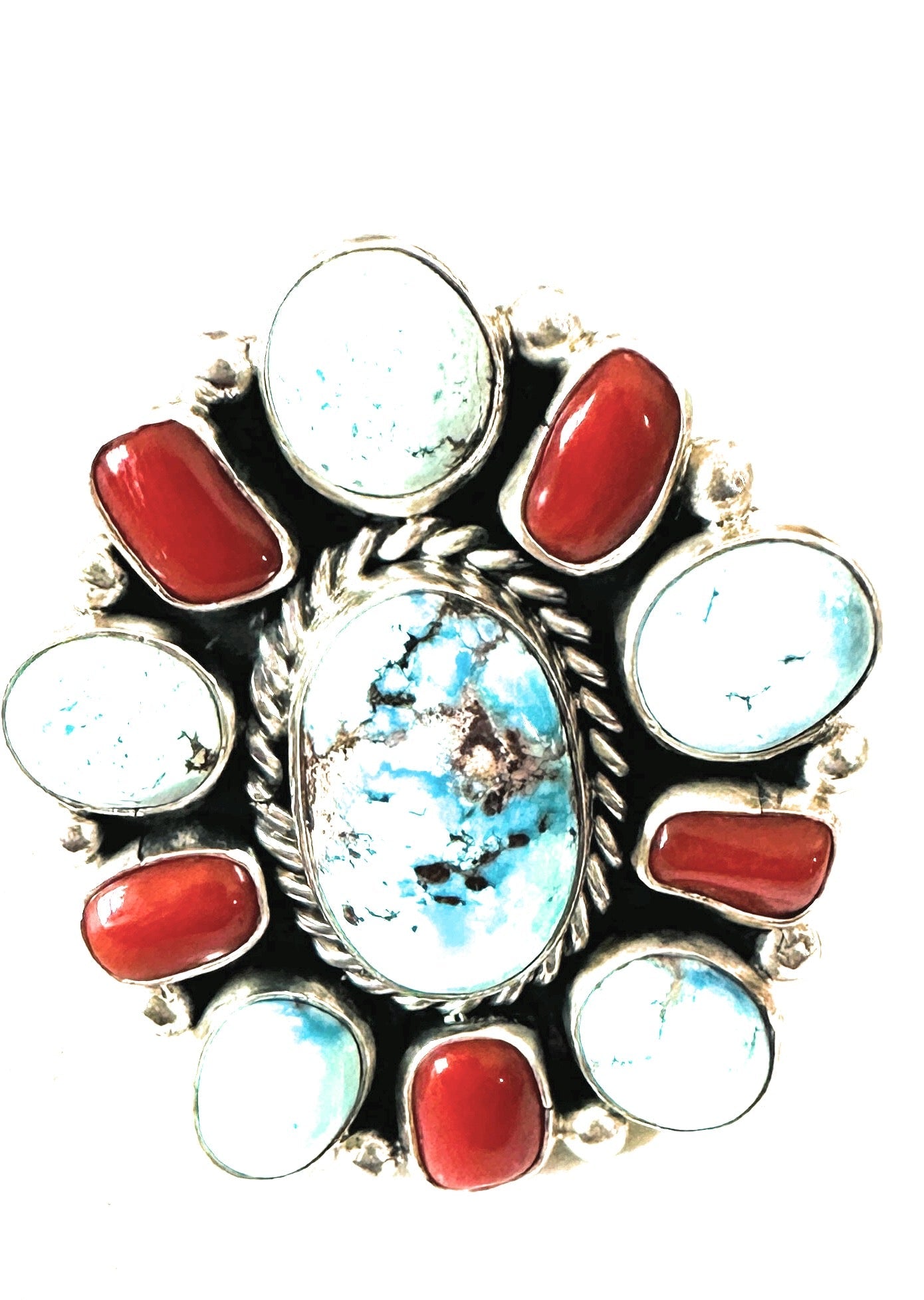 Navajo Golden Hills Turquoise, Coral & Sterling Silver Cluster Adjustable Ring