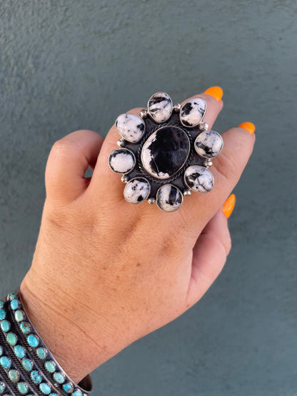 Navajo Sterling Silver & White Buffalo Adjustable Ring Signed