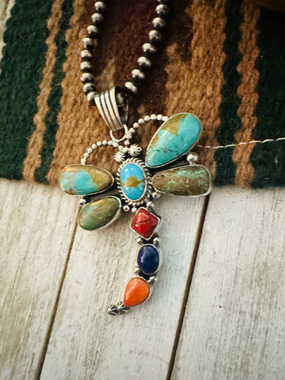 Navajo Multi Stone & Sterling Silver Dragonfly Pendant