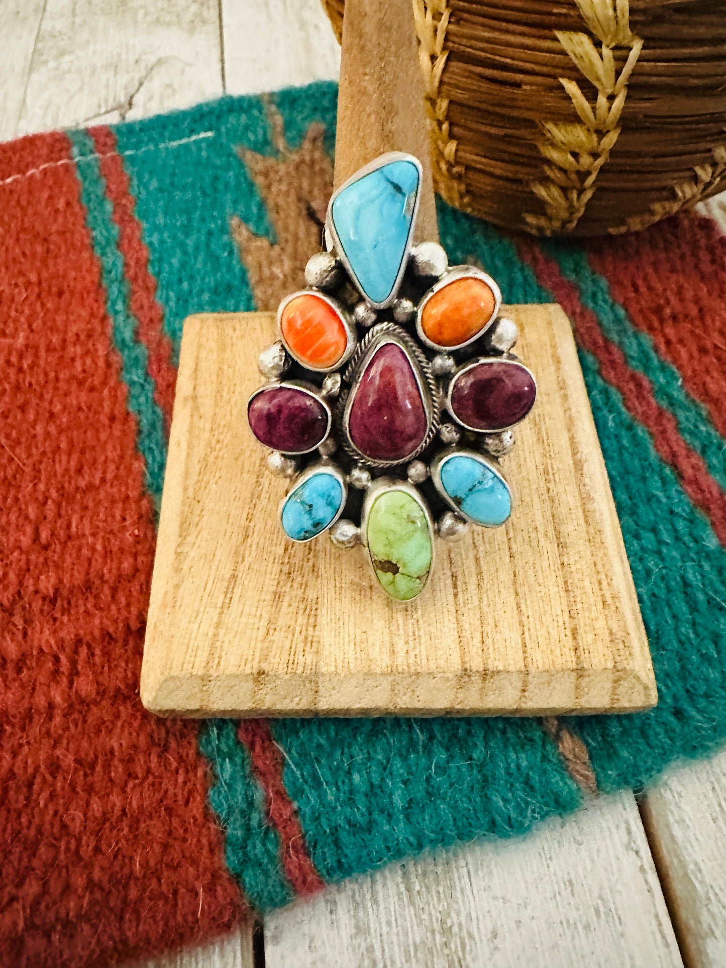 Navajo Sterling Silver & Multi Stone Cluster Adjustable Ring