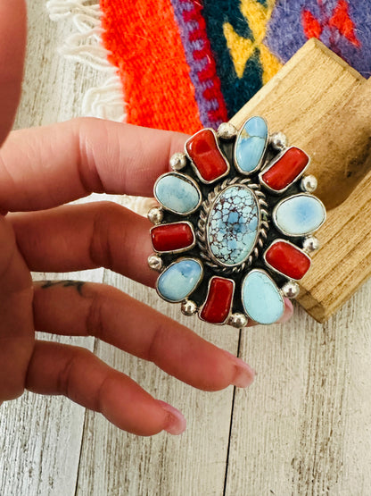 Navajo Golden Hills Turquoise, Coral & Sterling Silver Cluster Adjustable Ring