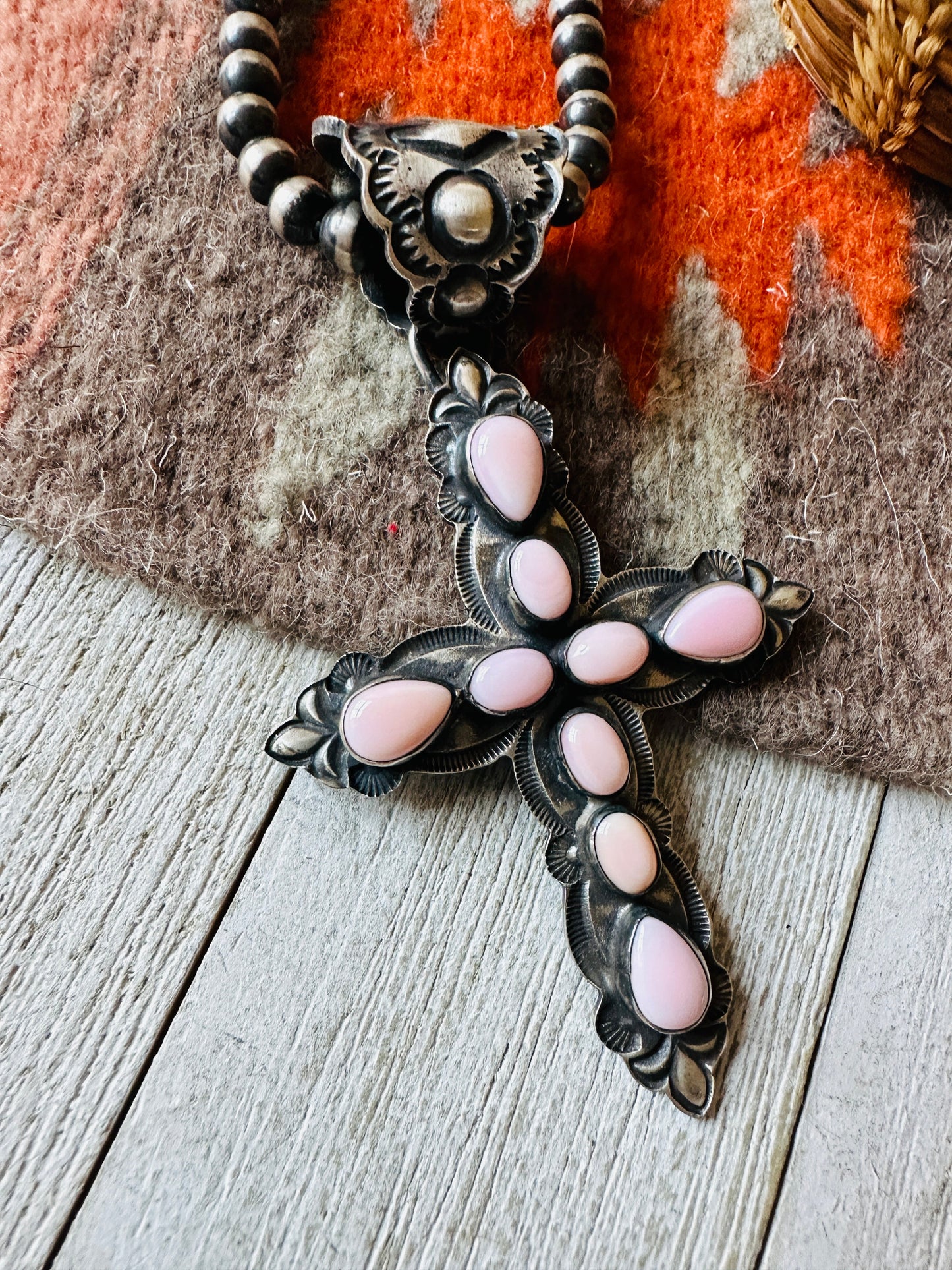 Navajo Queen Pink Conch Shell & Sterling Silver Cross Pendant